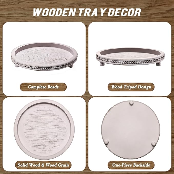 Handmade Wooden Decorative Tray, Small Beaded Coffee Table Tray Decor, Grey Round Decorative Tray for Coffee Table, Dining Room Table Entryway and Living Room Table
