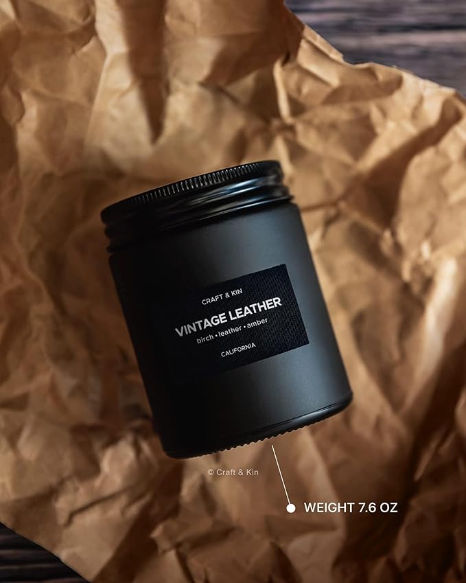 Craft & Kin Premium Vintage Leather Candle | Black Spring Scented Candles for Men | Long Lasting with 45 Hour Burn Time, 7.6oz | Made with Soy | Aromatherapy at Home | Gifts for Men