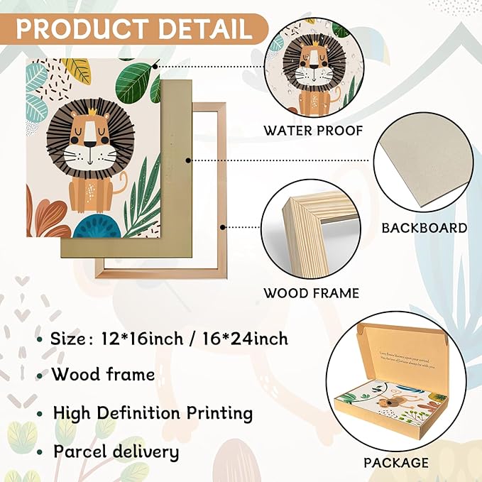 AKWISH Nursery Wall Decor Set of 3, Safari Canvas Wall Art Animals Paintings Prints, Boy Girl Kids Room Wall Decor for Shower Theme Decorations Baby Children's Room Bedroom 16x24 inch Framed