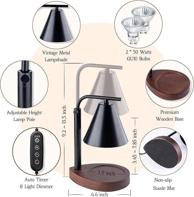 Black Candle Warmer Lamp with Timer, Height Adjustable Electric Lamp Candle Warmer, Black Home Room Decor Aesthetic Gifts for Women