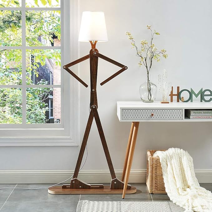 Cool Decorative Tall Floor Lamp Wood Swing Arm Standing Corner Reading Lights for Kids Bedroom Living Room Farmhouse - LED Bulb Included (Teak)