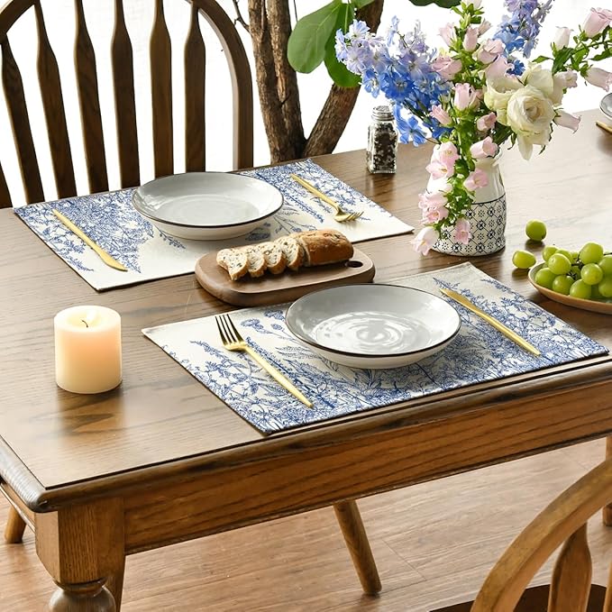 Artoid Mode Blue Antique Herbs and Wild Flowers Spring Placemats Set of 4, 12x18 Inch Seasonal Table Mats for Party Kitchen Dining Decoration