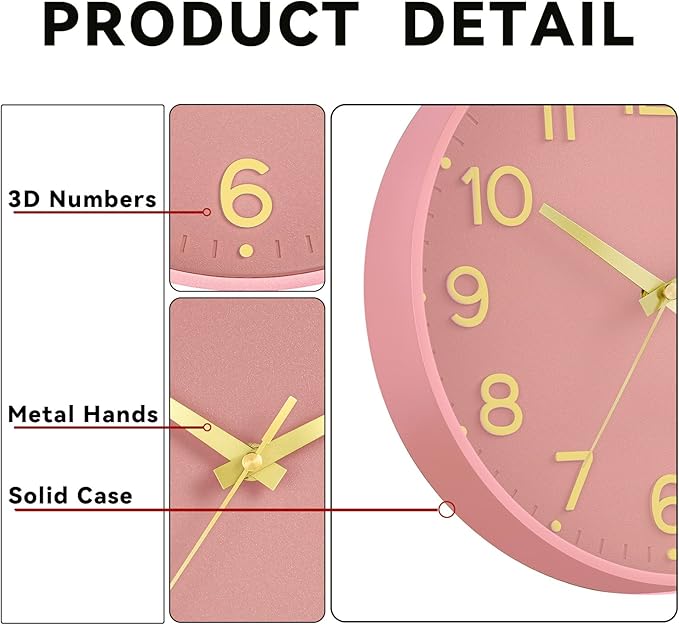Silent Wall Clocks Battery Operated 10 Inch-Modern Non Ticking Analog Clock Decorative for Kitchen Office Bathroom Bedroom(Pink Gold)