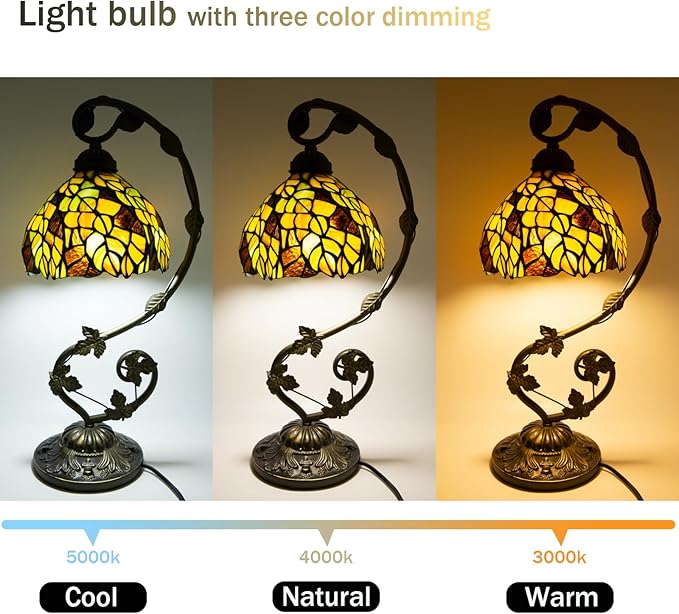 Tiffany Lamp,21x11x8 inches Stained Glass Lamp,Leaves Tiffany Style Table Lamp with Three-Color Dimming for Bedside Table,Dining Table,Antique Office