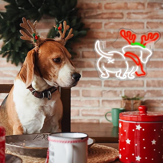 NOSUN Dog Neon Sign, LED Christmas Elk Horn Light, Dimmable Cute Puppy Wall Decor for Home, Holiday Party