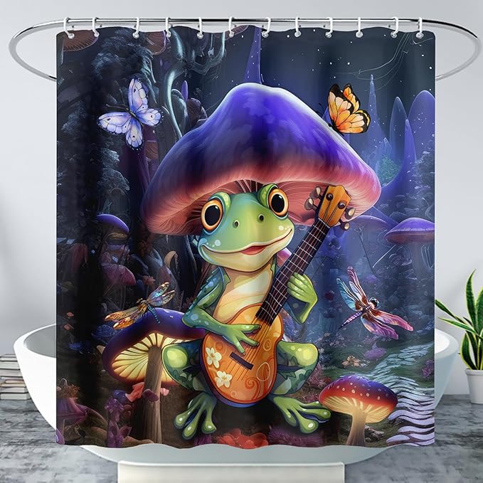 AILONEN Frog Mushroom Shower Curtain,Guitar Frog Amphibious Animal Waterproof Fabric Bath Curtain for Kids Girls,Boho Magic Mushroom Shower Curtain Set for Bathroom with Hooks,72" W*78" H