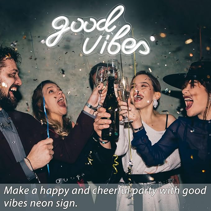 Good Vibes Neon Sign, LED Neon Signs for Wall Decor, White Neon Lights for Bedroom & Party Art Decor, USB Powered Bright Neon Light for Lover, Friends