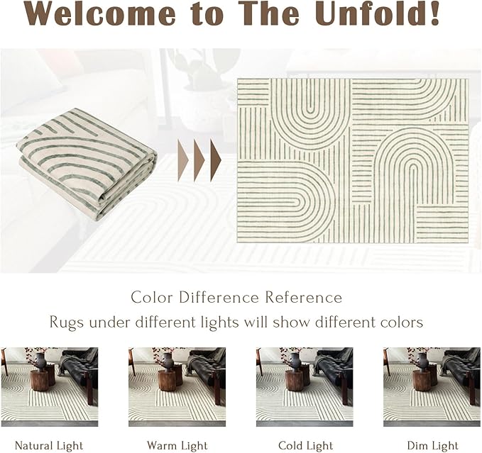 Washable Area Rug 5x7 - Boho Living Room Rug Stain Resistant Soft Indoor Carpet Ultra-Thin Sage Green Modern Abstract Rainbow Rugs for Bedroom Dining Room Nursery Classroom
