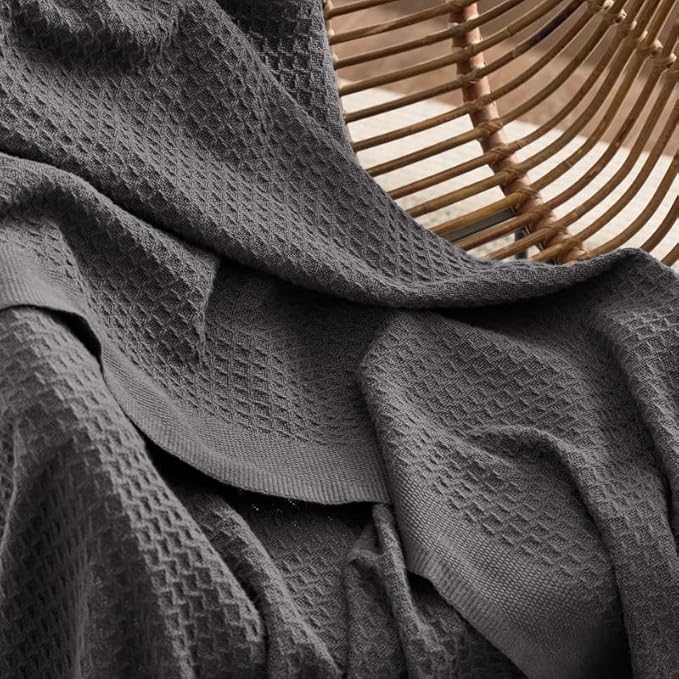 Bedsure 100% Cotton Blanket Twin XL Size for College Dorm - Breathable and Soft, Waffle Weave Twin Blanket for Summer, Dorm Room Essentials, Dark Grey, 66x90 inches