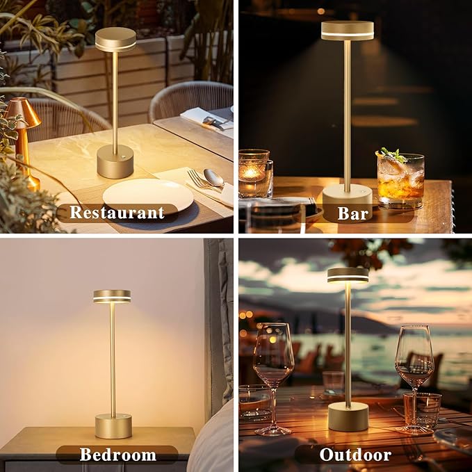 2 Pack Cordless Table Lamp Rechargeable, 3 Way Dimmable Touch Lamp & 5000mAh Long Battery Time, Portable Small Metal Light for Reading/Office/Bedroom/Dining/Nightstand/Desk, Gift for Home Décor – Gold