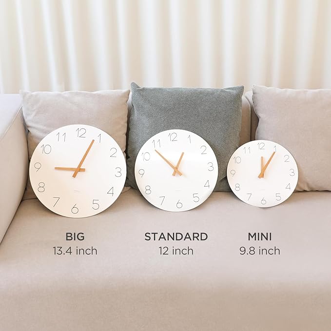 mooas Flatwood Wall Clock (Wood Big),13" Non-Ticking Sweep Movement Decorative Battery Operated Wooden Wall Clock for Home Living Room Kitchen Bedroom Office School