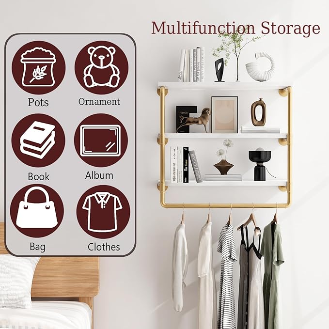 HOMEKAYT 24" Industrial Pipe Shelving, Floating Wall Shelves 3 Tier Gold Shelves with Haning Rod Multiple Use for Kitchen, Bedroom,Living Room,Bathroom