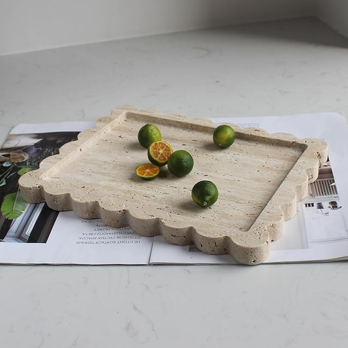 Natural Luxury Scalloped Marble Tray 10.8"x8", Rectangle Vanity Tray for Bathroom Kitchen Counter, Decorative Tray for Dresser Home Decor (Beige Travertine)