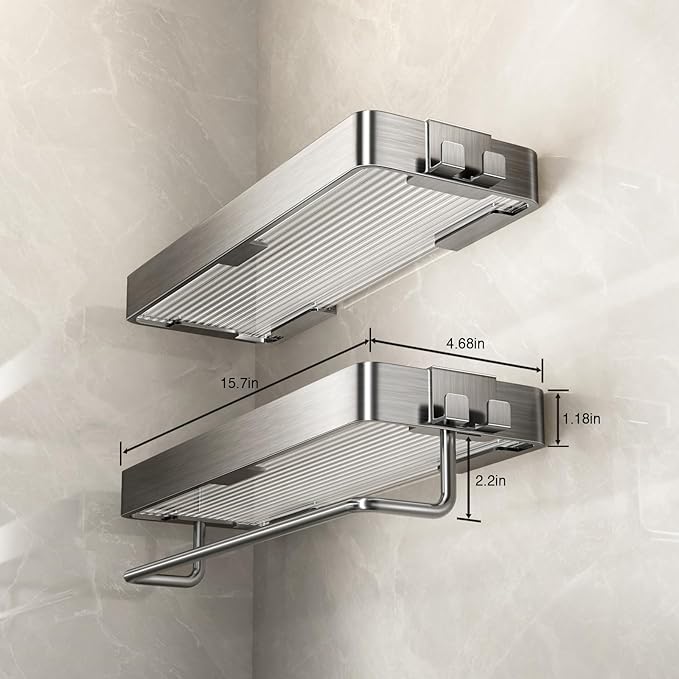 VOLPONE Stainless Steel Wall Mounted Bathroom Shelves - 2-Tier Floating Shelf with Removable Hooks (Brushed Nickel)