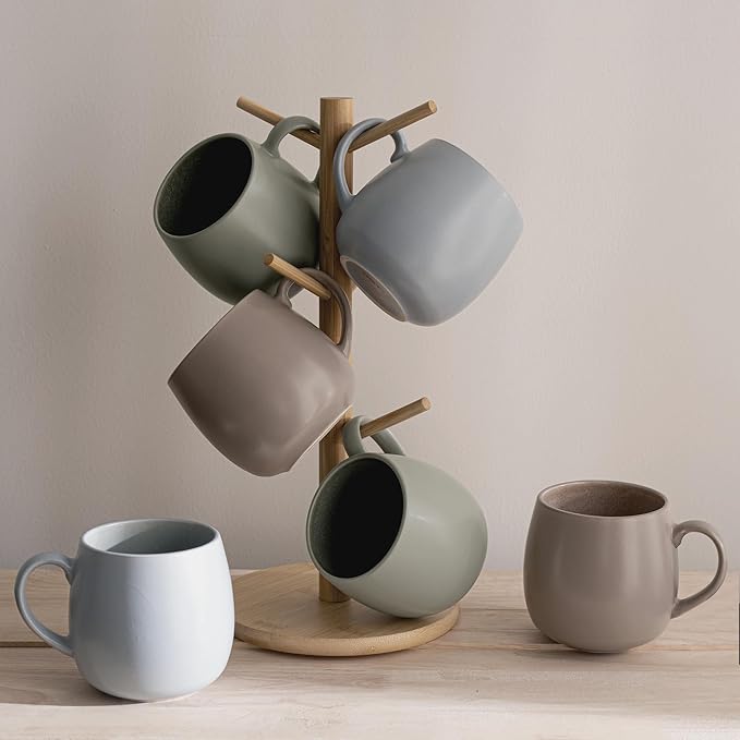 Ceramic Coffee Mugs Set of 6, 14oz - Modern Scandinavian Aesthetic Cup - Microwavable Stoneware Coffee Cups with Comfortable Handle - Tea Mug Set for Latte, Cappuccino, Soup - Mixed Neutrals