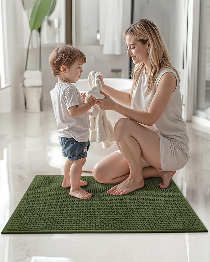 Color&Geometry Chenille Pile Large Bathroom Rugs Upgraded Denser, 24"x36" Non Slip Absorbent Green Bath Mats for Bathroom Thin Fit Under Door, Washable Quick Dry