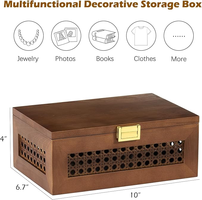 Decorative Rattan Storage Boxes Solid Wood Woven Baskets Bins with Lid Keepsake Memory Jewelry Box Natural Boho Shelf Wicker Closet Desk Organizer Container (Walnut Color, Small Size)