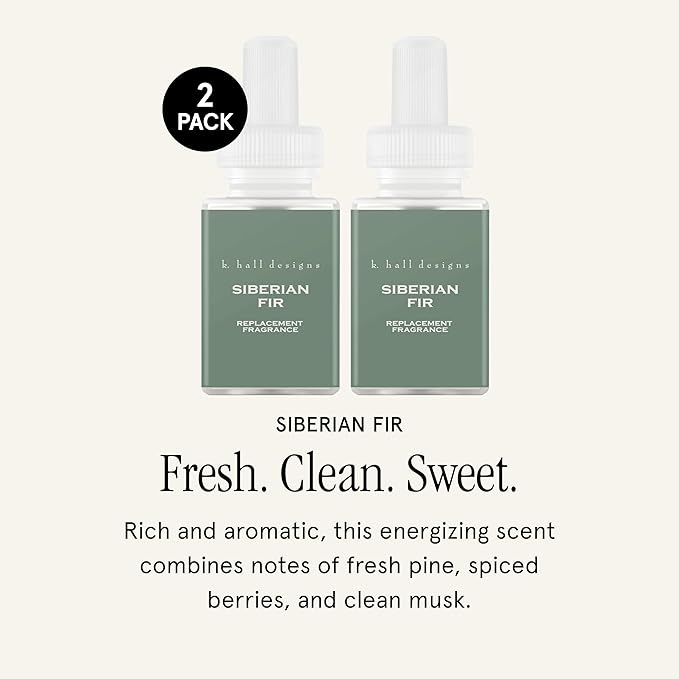 Pura & K. Hall Designs Home Scent Refill - Smart Home Air Diffuser - Up to 120-Hours of Premium Fragrance per Refill - Household Essential - Clean Diffuser Fragrance - 2 Pack, Siberian Fir