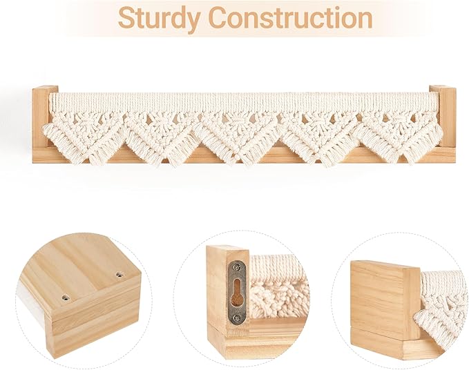 Mkono Macrame Floating Shelves Boho Wall Decor Set of 2 Natural Wood Hanging Storage Shelf for Bedroom Bathroom Living Room Nursery Dorm Room, Display Shelving for Hanging Plants Photos