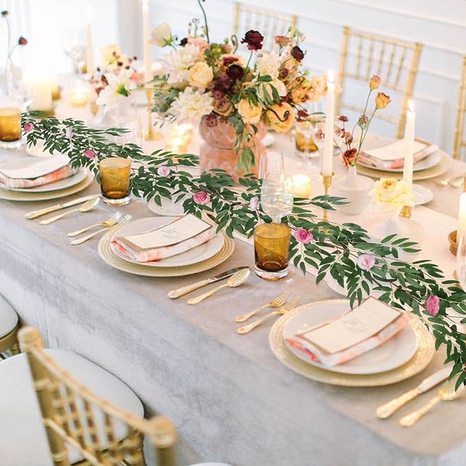 RECUTMS Artificial Hanging Willow Leaves Vine Twigs Whit Roses Flower 2Pc 5.7Ft Faux Ivy Plant Silk Green Leaf Rose Floral Garland Greenery Indoor Outdoor Wedding Jungle Birthday Party Garden Decor