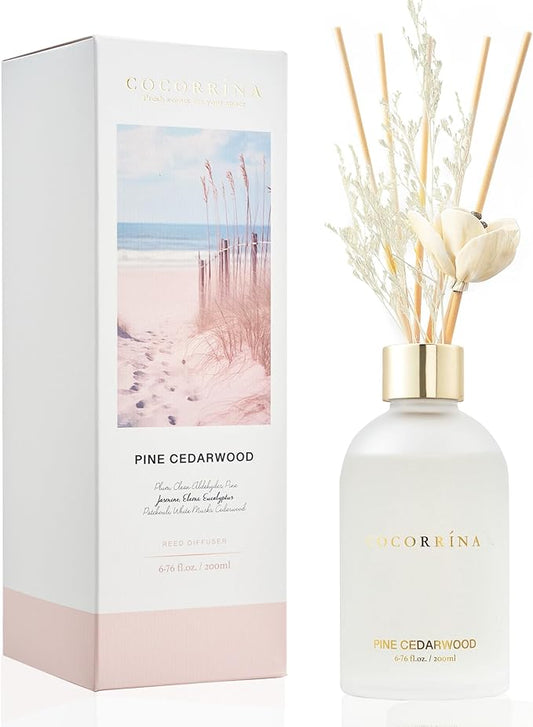 COCORRÍNA Reed Diffuser - Pine Cedarwood 6.76 oz Flower Reed Diffuser Set with 8 Sticks - Home Fragrance Bedroom Bathroom Shelf Decor