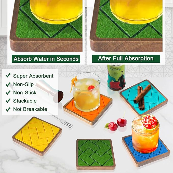 Coasters for Drinks Absorbent 5 Pack, Square Coasters with Felt Pads, Non-Slip, Non-Stick Cups, Suit for Kinds of Cups 4.1 inches (Colorful)