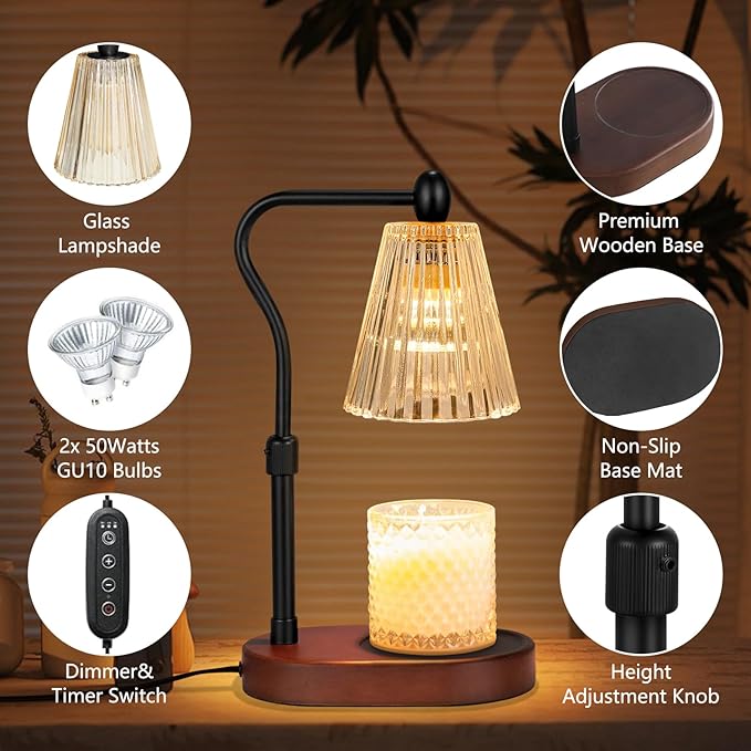 Candle Warmer Lamp with Dimmer 2 Bulbs, Candle Warmer with Timer Adjustable Height for Scented Wax Jar Candles, Gifts for Women Mom New Home, Christmas Gifts for Woemn Mothers Day, Birthday