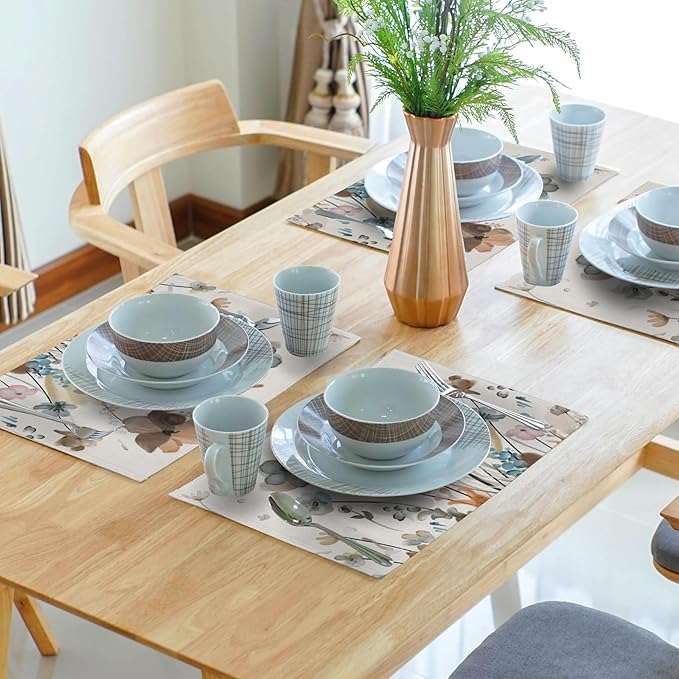 Brown Cream Grey Teal Floral Placemats Set of 6 Watercolor Flowers Place Mats Washable Dining Rustic Abstract Floral Farmhouse Linen Table Mats Stain Heat-Resistant Cloth Table Mat Decor 12x18 in