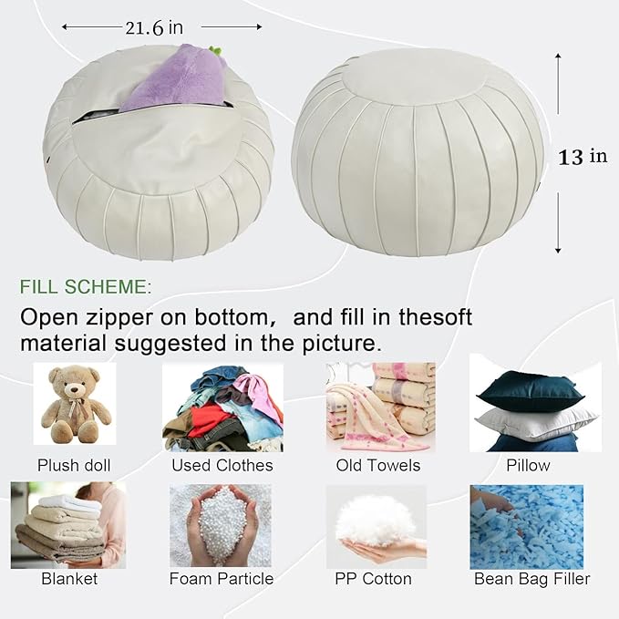 Thgonwid Handmade Storage Pouf Ottoman Foot Stool - Faux Suede Round Floor Cushion 21.6"x13" for Living Room, Bedroom, Wedding Decor, Unstuffed (Beige)