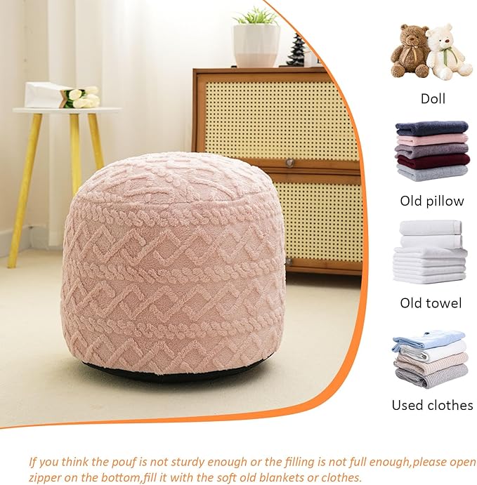 Round Stuffed Pouf Ottoman for Foot Rest, Faux Fur Poufs with Foam Chunk Filling, Storage Ottoman Pouf Foot Stool Cushion, 20 X 15 InchFloor Poufs Foot Rest for Living Room Bedroom Home Decor (Pink)