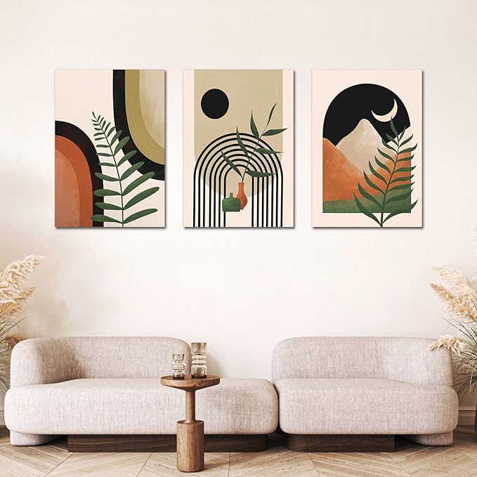 Large Framed Boho Wall Art Painting,Boho wall art,Room Decor, Mid Century Modern Wall Art,Neutral Abstract Geometric Prints Black Beige Orange Minimalist Art Framed Canvas Prints for bedroom Bathroom 16" x 24"