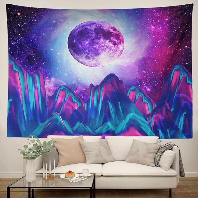 Trippy Psychedelic Tapestry Mountain Moon Galaxy Star Night Sky Universe Space Blue Starry Sky Wall Hanging Clouds Tree Aesthetic Wall Art for Bedroom Teen Girl Living Room 60x80