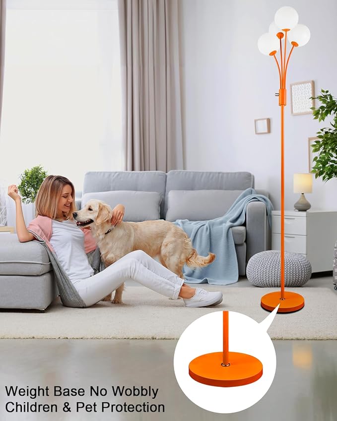 Lightdot 67IN Dimmable Globe Floor Lamp 4-Lights Orange Standing Lamps with 4PCS 3000K G9 Bulbs Soft Warm White Mid Century Modern Floor Lamp Stable Base for Living Room/Sofa Beside