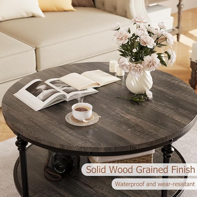 IDEALHOUSE Round Coffee Table for Living Room Rustic Center Table with Storage Shelf Wood Circle Coffee Table with Sturdy Metal Legs, Easy Assembly