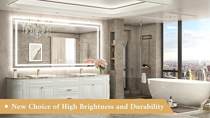 TETOTE 72 x 36 LED Bathroom Mirror with Lights, Brighter Front and Backlit Led Lighted Vanity Mirror Wall Mounted, 3-Color Dimmable Light up Anti Fog Mirror, Waterproof, Shatterproof Tempered Glass