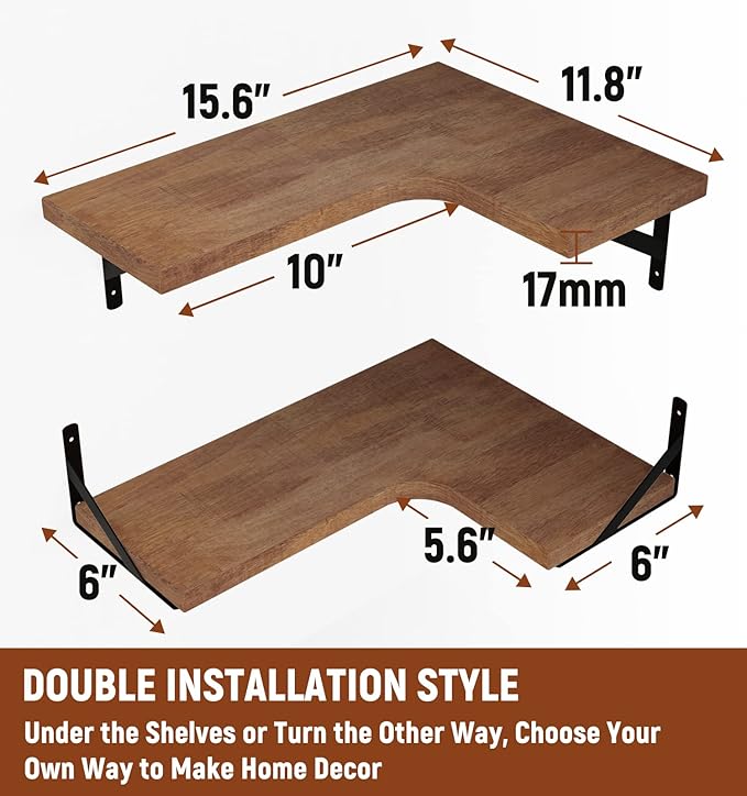 LEOPO Corner Floating Shelves Set of 6, Hardwood Storage Shelves, Cozy & Dependable Floating Shelves for Bedroom, Living Room, Kitchen, Office and More