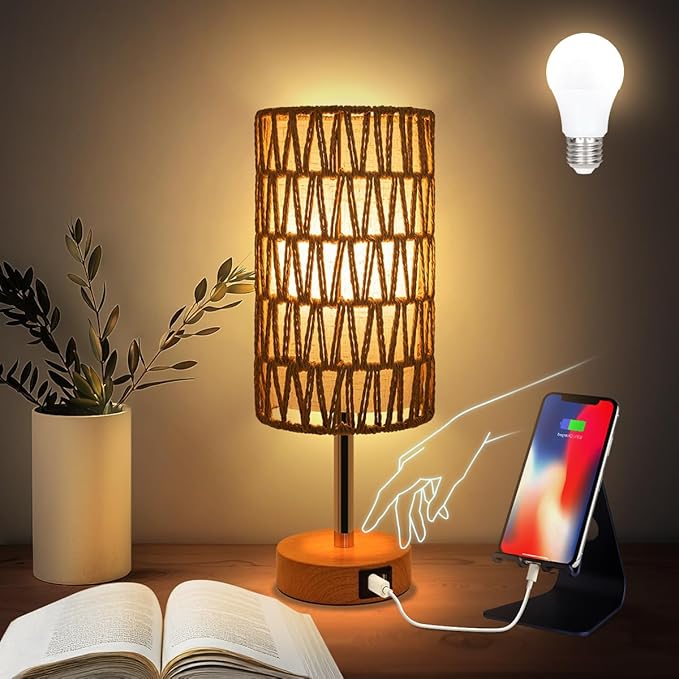 Yarra-Decor Bedside Lamp with USB Port - Touch Control Table Lamp for Bedroom (Rattan2)