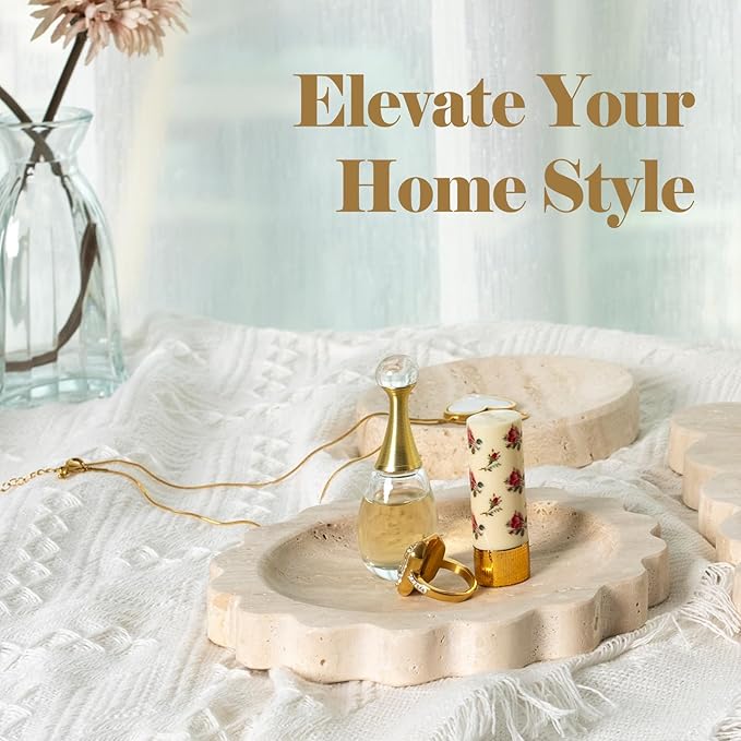 Koville Travertine Jewelry Dish, 5.51" Round Trinket Dish for Ring Necklace Earring Perfume, Natural Stone Decorative Tray for Countertop Bathroom Kitchen Dresser, Beige Travertine Tray