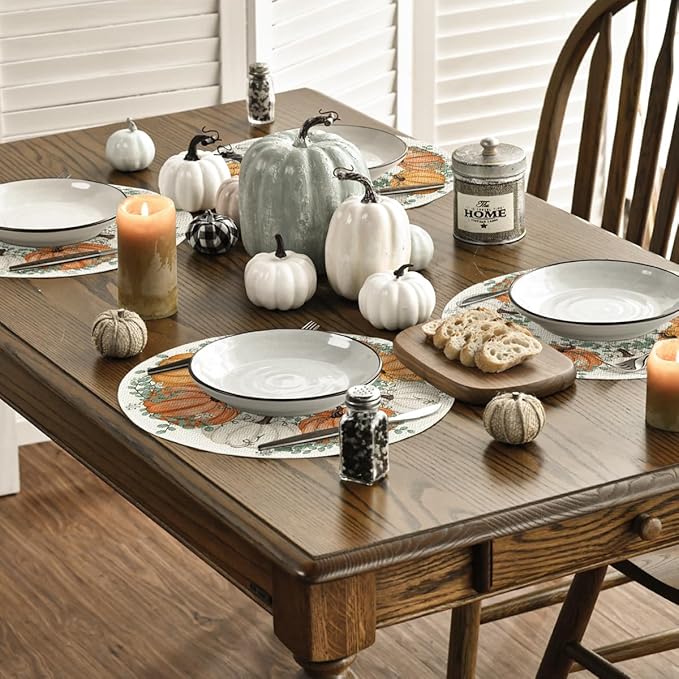 Artoid Mode Orange Pumpkins Eucalyptus Leaves Round Fall Placemats Set of 4, 14 Inch Thanksgiving Round Table Mats for Dining Decoration