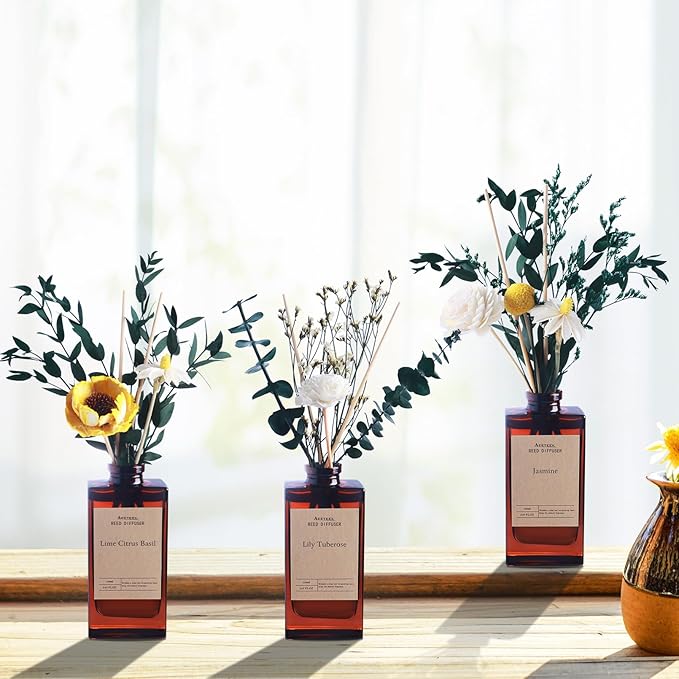 Reed Diffuser Set - Jasmine & Orange Blossom Essential Oil, 5.07oz/150ml Floral Aroma Oils Scents with Dry Flower Decoration, Home Fragrance for Large Room Bathroom Office Shelf Decor