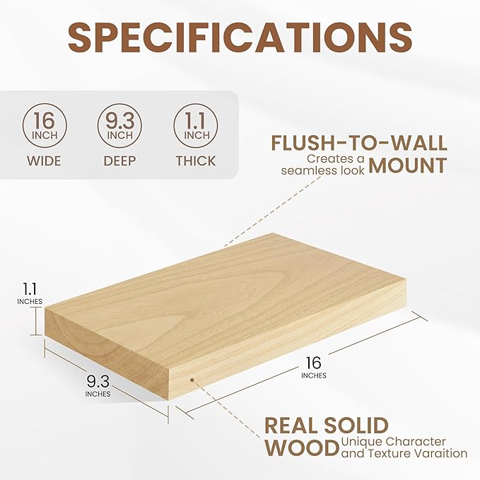 Fun Memories Deep Floating Shelves 16 Inch Long, Natural Wood Floating Shelf for Wall, Set of 2, Rustic 9 Inch Deep Wall Shelves, Deep Bathroom Shelves for Storage & Display, Natural Color
