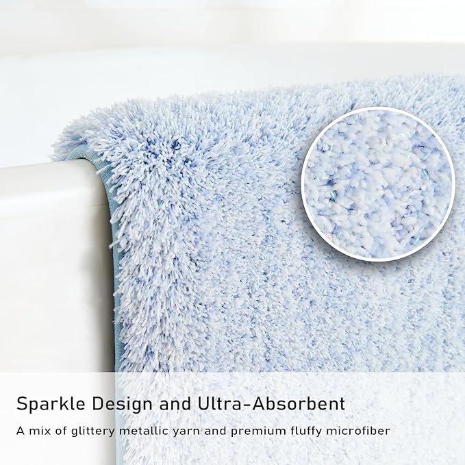 Douceur Sparkle Bath Mats for Bathroom Non Slip 32" X 20", Super Soft Microfiber Blue Bathroom Rugs Washable, Fluffy Absorbent Bath Rugs, Quick Dry Shower Mat Gifts, Blue and White