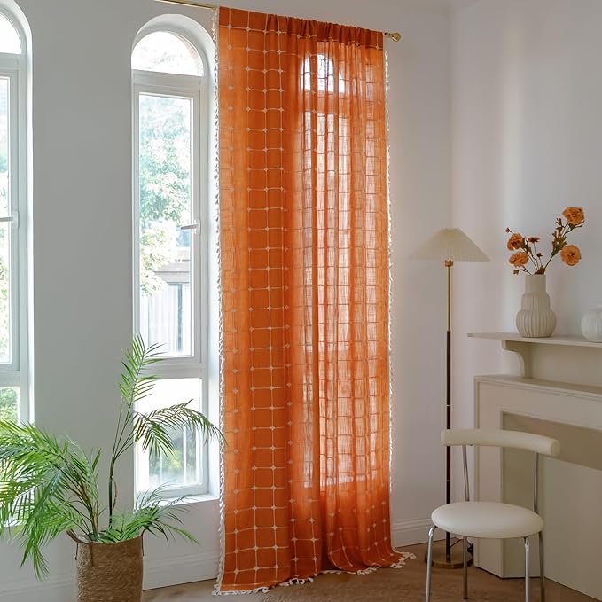 Sutuo Home Boho Curtains Plaids for Bedroom, Semi Blackout Linen Farmhouse Tassels Window Treatment Bohemian Embroidery Drape for Fall Halloween Decor, Rod Pocket 1 Panel 52" W x 84" L, Burnt Orange