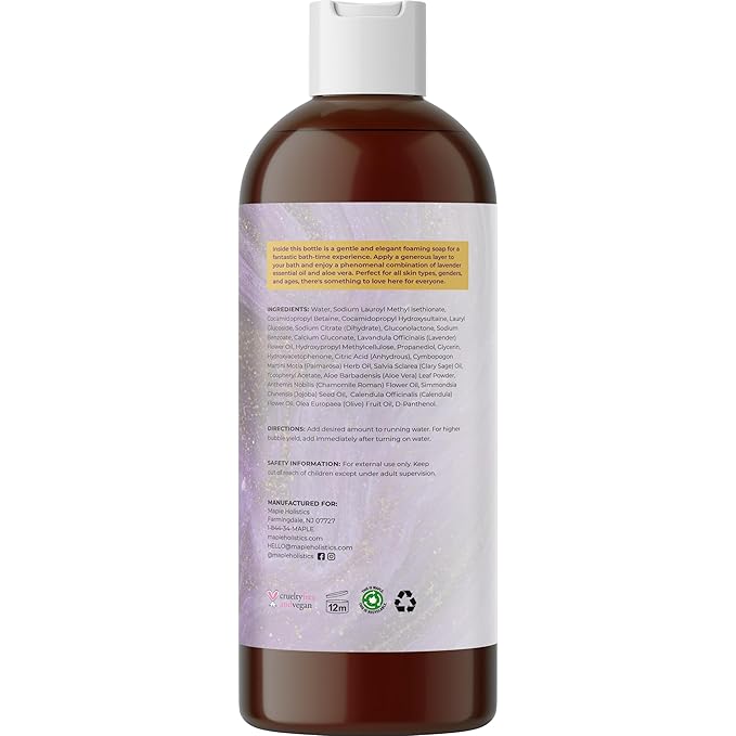 Bubble Bath for Women, Men and Teens - Lavender Hybrid, Gentle, and Safe for Sensitive Skin - With Vitamin E and Aloe Vera, 16 oz.