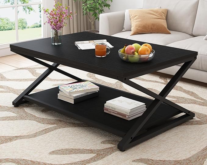 HSH Black Coffee Table with Storage Shelf, Modern Metal Wood Living Room Table, Simple 2 Tier Rectangle Center Table, 39 Inch Office Bedroom Display Cocktail Tea
