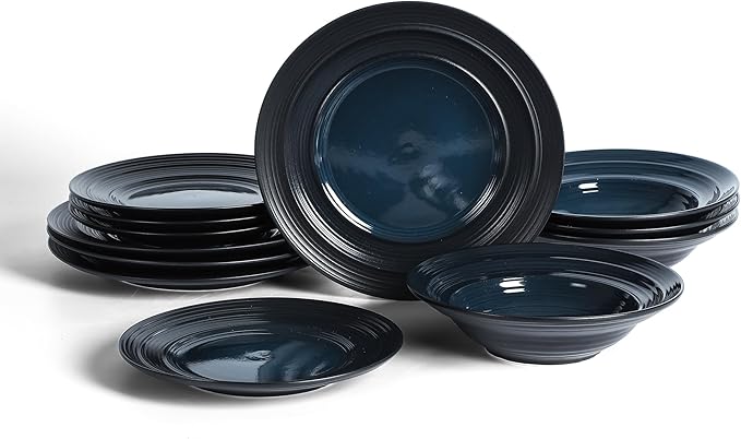 Earth & Clay Celeste 24-Piece Dinnerware Set Stoneware, Plates and Bowls Set, Includes Dinner and Salad Plates, Cereal Bowls, Dishwasher and Microwave Safe, Dishes for 8, Blue