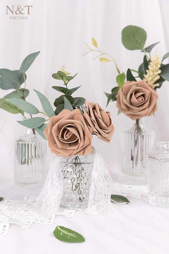 N&T NIETING Artificial Flowers Light Brown Roses, 50 Pcs Faux Flowers Fake Flowers Perfect for DIY Wedding Bouquets Centerpieces Birthday Party Home Flower Arrangement Decorations Fall Flowers