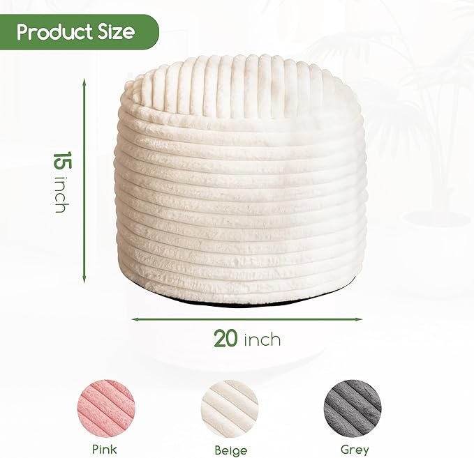 HIGOGOGO Round Stuffed Pouf Ottoman, Stripe Faux Fur Poufs with Foam Chunk Filling, Furry and Fluffy Pouf Foot Stool Storage Ottoman, 20 X 15 Floor Poufs Foot Rest for Living Room, Beige