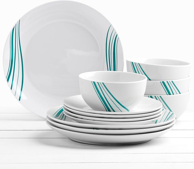 Tabletops Gallery 12-Piece White with Teal Striped Ceramic Dinnerware Set of Kitchen Dishes, Round Dinner Salad Plates Cereal Bowls, Service for 4, Marina
