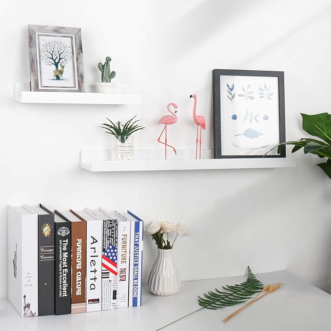 Natural Bamboo Floating Shelves Wall Mounted Rustic Wood Wall Shelves Wooden Wall Storage Organizer Home Decor Living Room Kitchen Bedroom (White,13.8 in)
